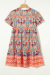 Multicolor Bohemian Print Tie Neck Ruffle Hem Short Dress