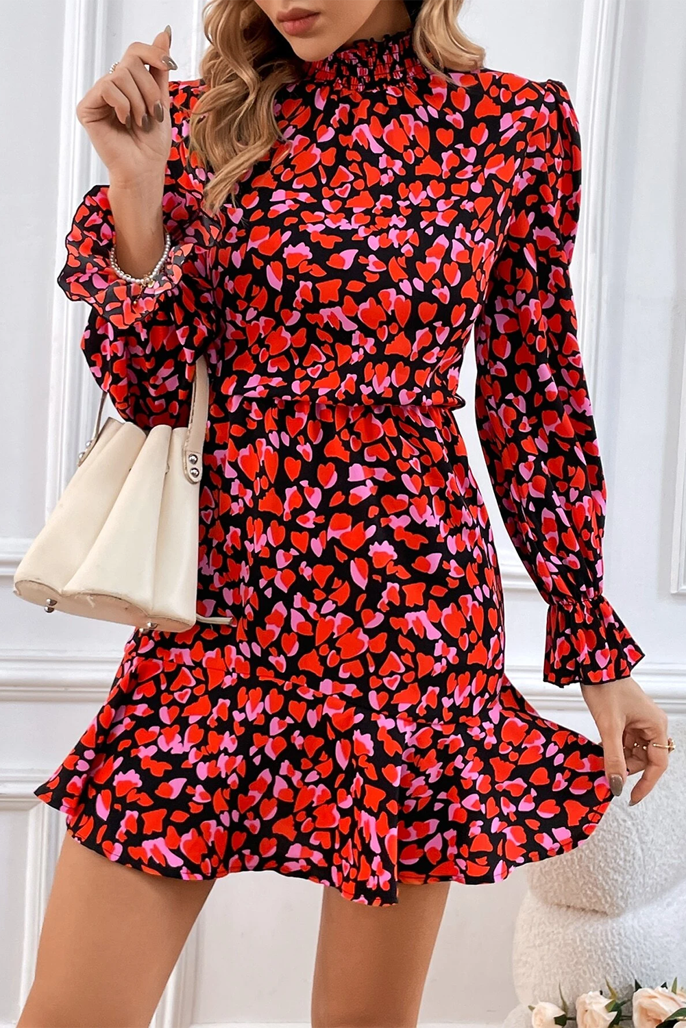 Red Valentines Day Heart Shape Print Long Sleeve Mini Dress