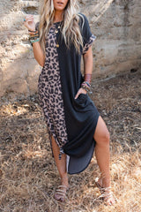 Black Leopard Short Sleeve T-shirt Dress with Slits