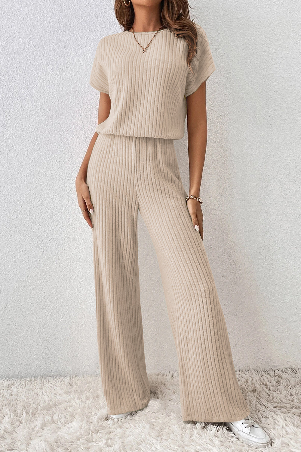 Solid Color Ribbed Short Sleeve Wide Leg Jumpsuit