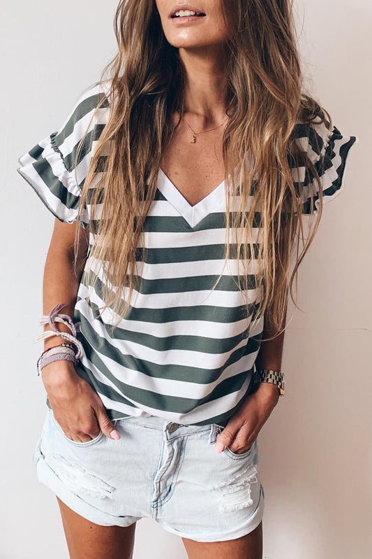 Women's Striped V Neck Ruffle Sleeve Top