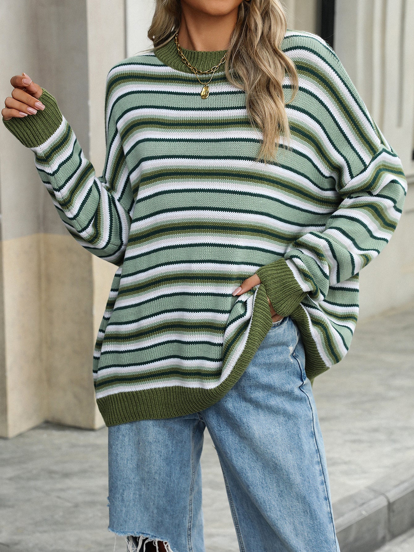 Striped Knitted Sweater Crew Neck Pullover Women