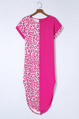 Rose Contrast Leopard Short Sleeve T-shirt Dress with Slits