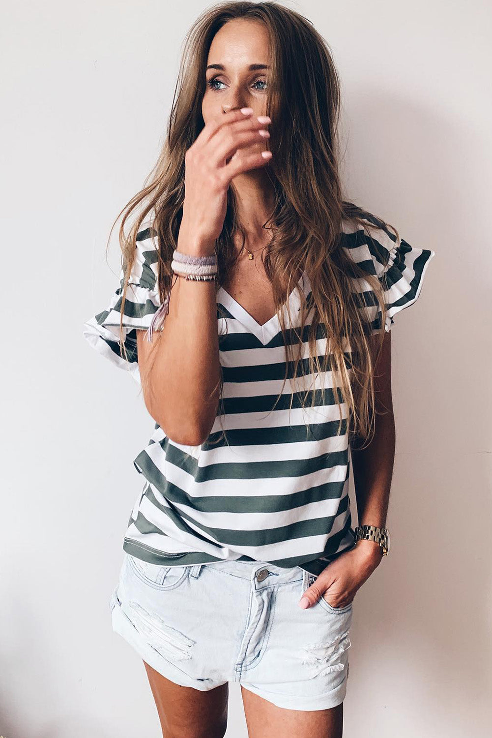 Women's Striped V Neck Ruffle Sleeve Top