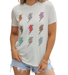 White Printed Lightning Round Neck Short Sleeve Top