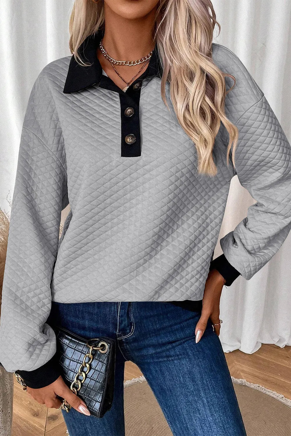 Oatmeal Textured Colorblock Edge Buttoned Collar Sweatshirt