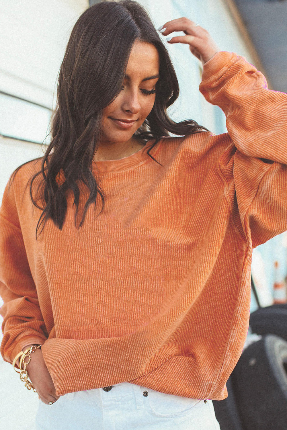 Apricot Ribbed Corded Oversized Sweatshirt