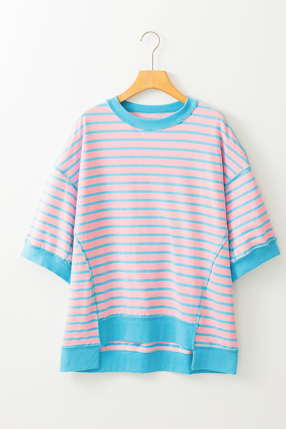 Sky Blue Stripe Oversized Contrast Trim Exposed Seam High Low T Shirt