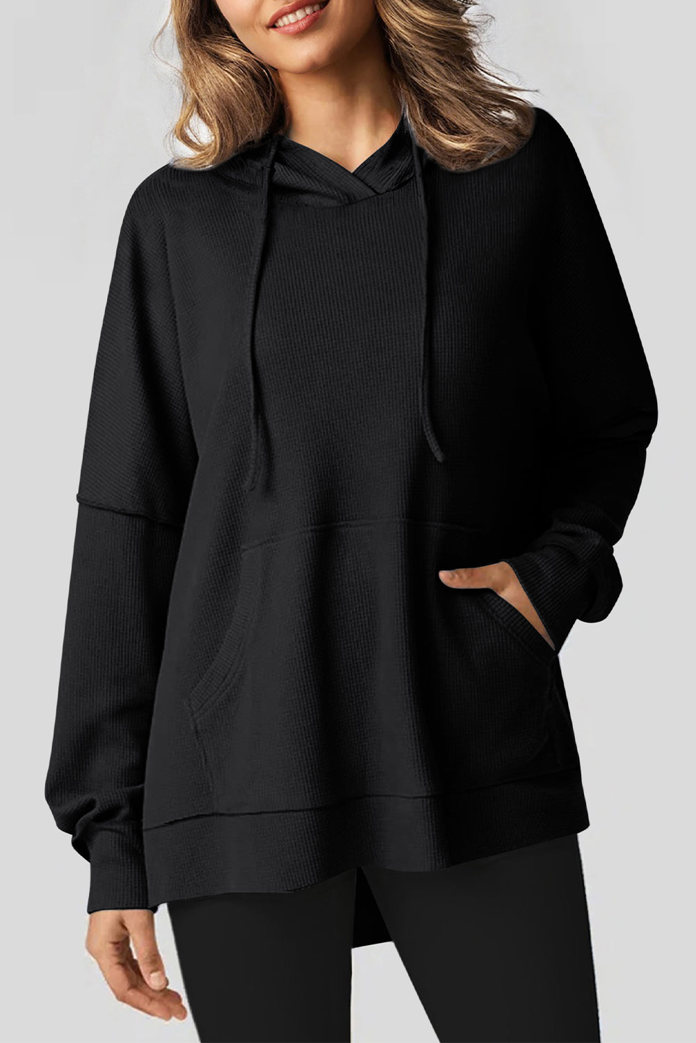 Waffle Knit Fleece Lined High Low Oversized Hoodie