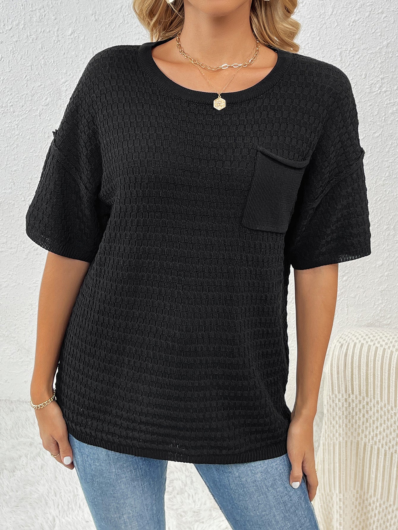 Knit Short Sleeve Round Neck Pocket Tee Tops Pullover