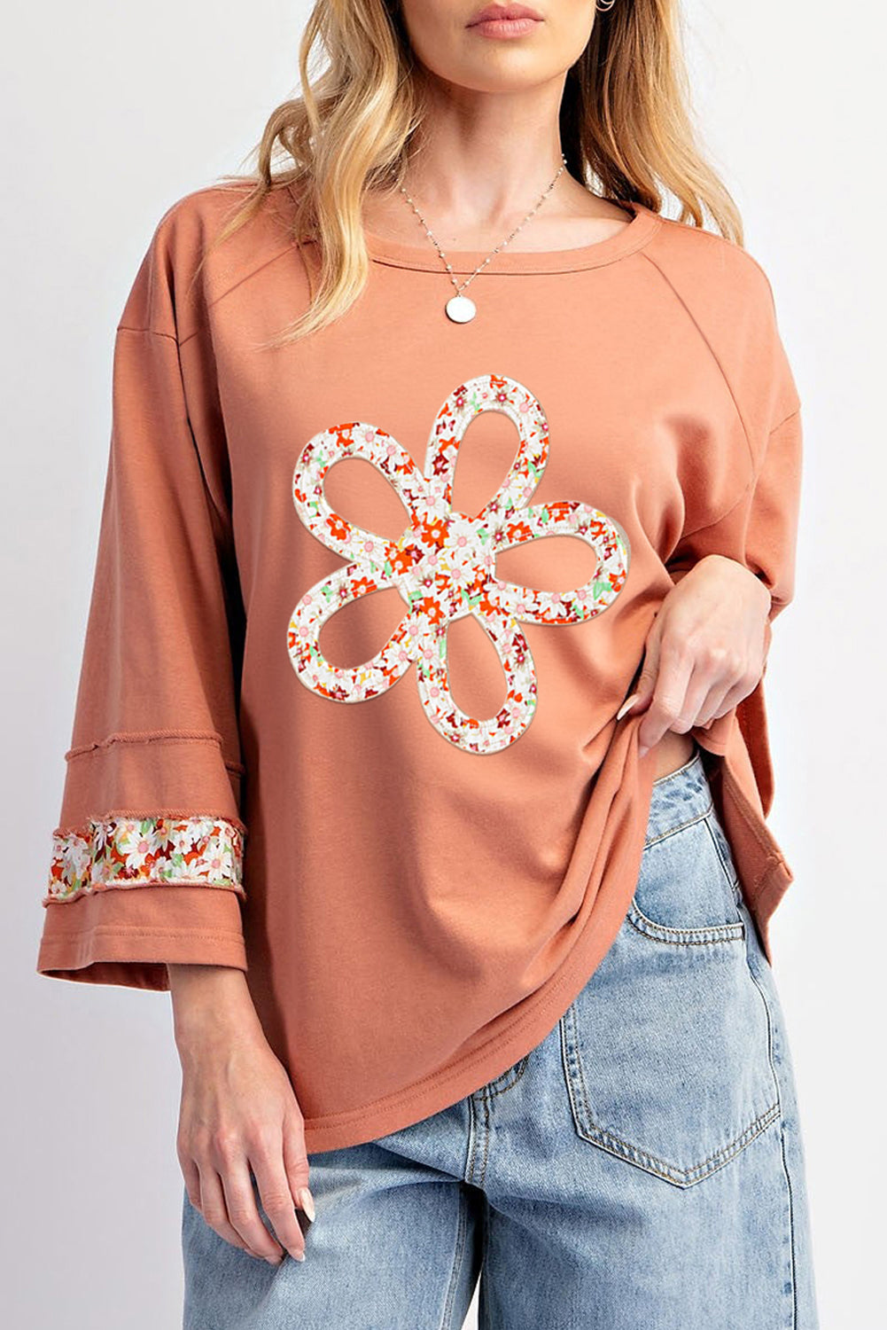 Flower Patch Graphic Exposed Seam Wide Sleeve Top