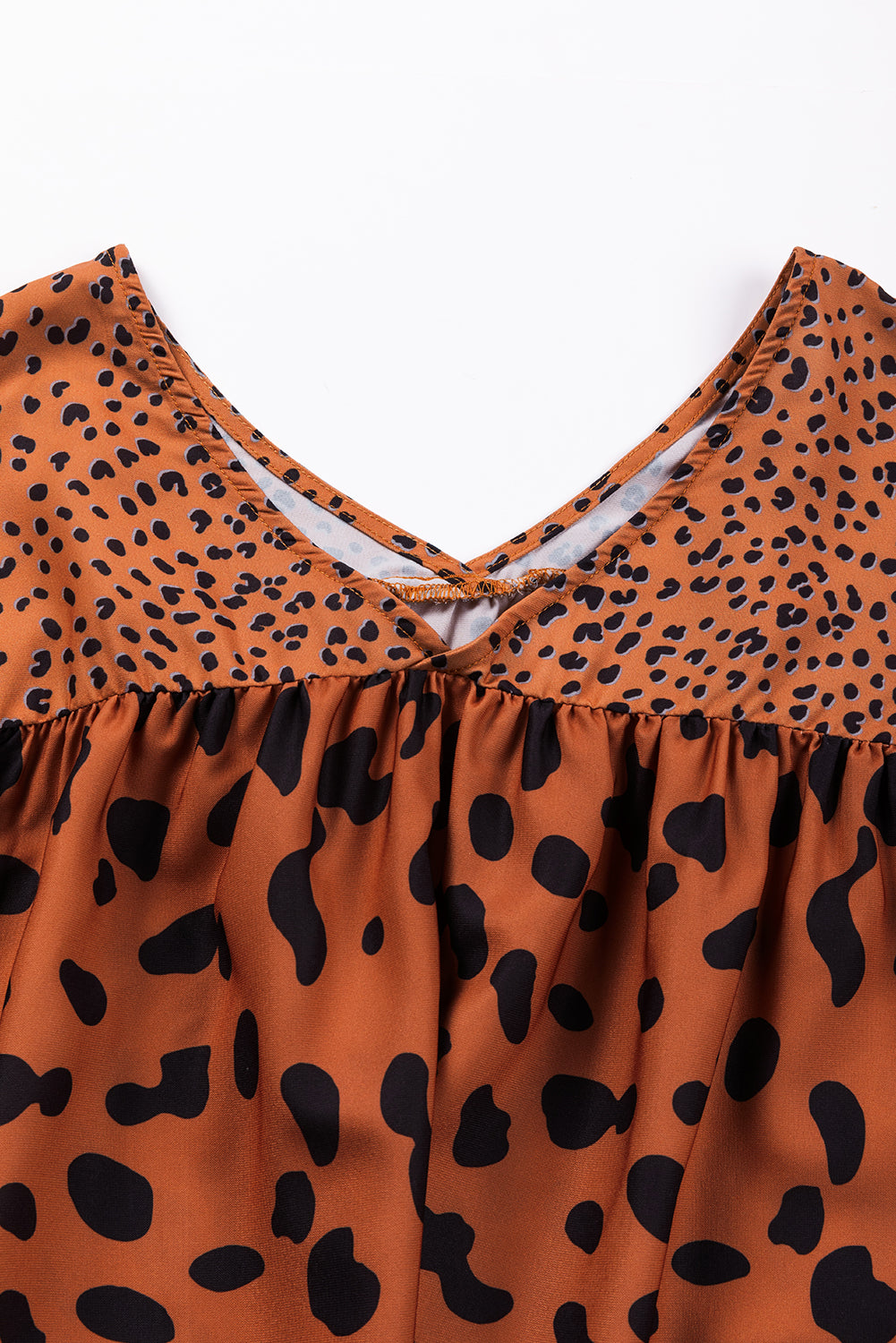 Brown Contrast Leopard Print Bubble Sleeve Blouse