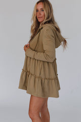 Khaki Tiered Ruffled Zip-Up Drawstring Hooded Jacket