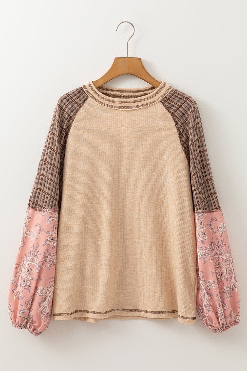 Mixed Print Raglan Sleeve Ribbed Knit Patchwork Blouse