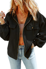 Black Flap Pocket Drawstring Hood Zip Up Jacket