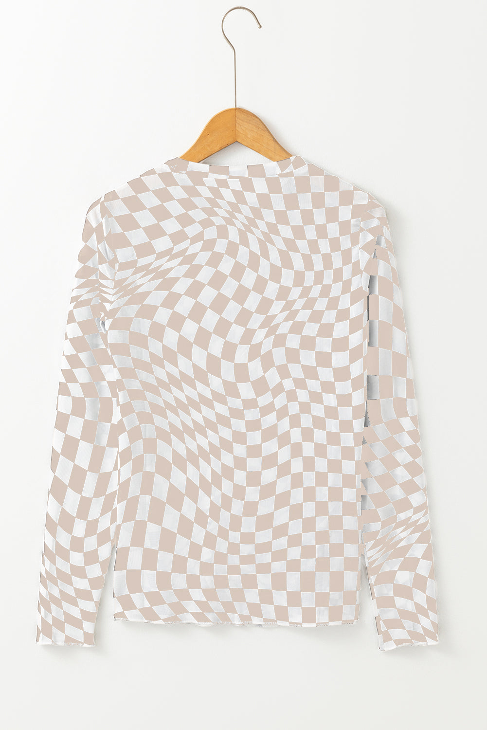 Rose Checkered Pattern Mesh Mock Neck Long Sleeve Top