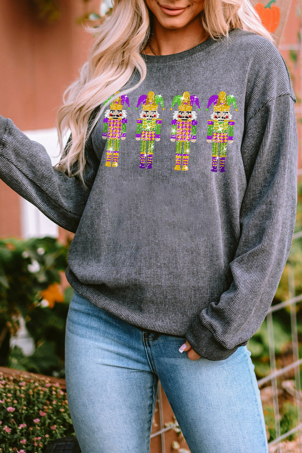 Gray Glitter Mardi Gras Nutcracker Patch Corded Sweatshirt