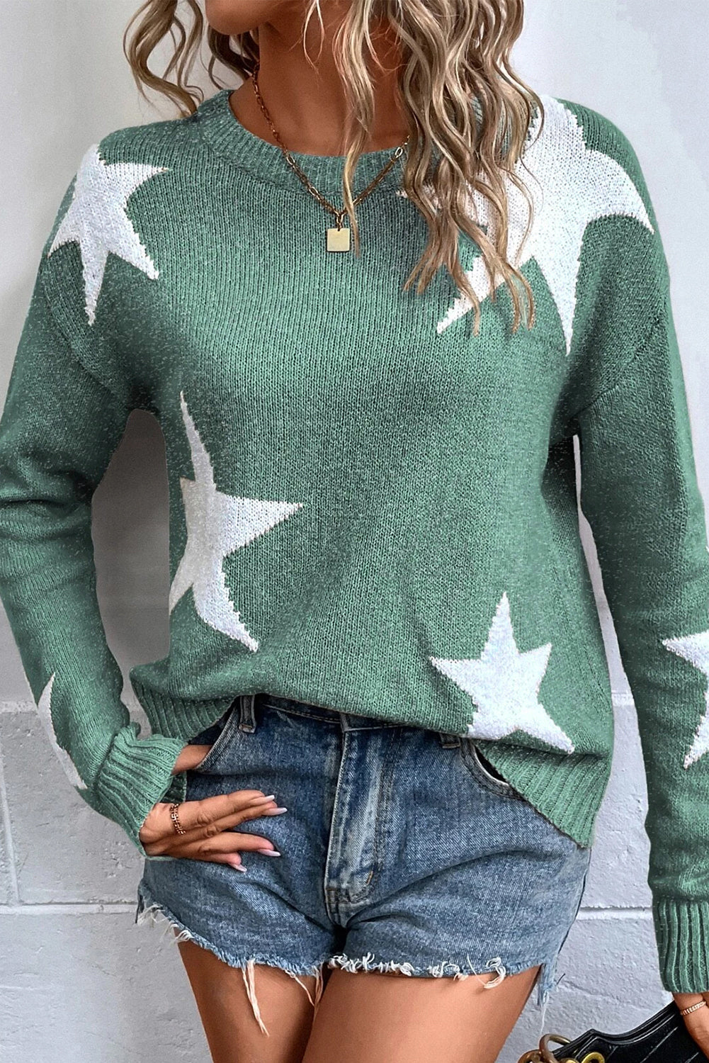 Solid Color Star Pattern Drop Shoulder Sweater