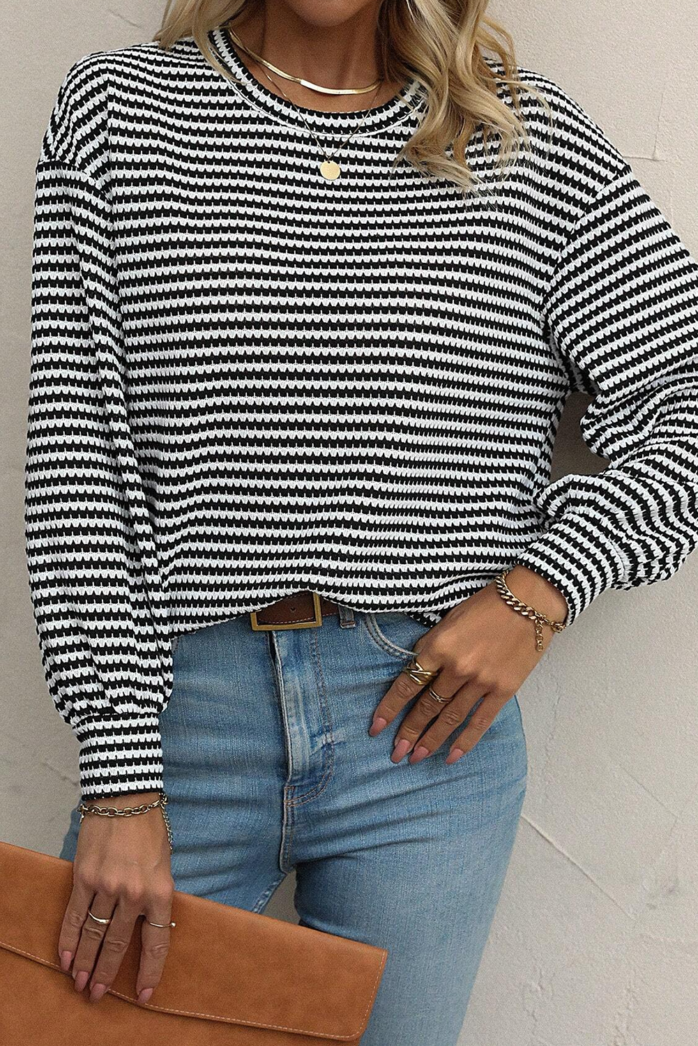 Stripe Round Neck Drop Shoulder Long Sleeve Top