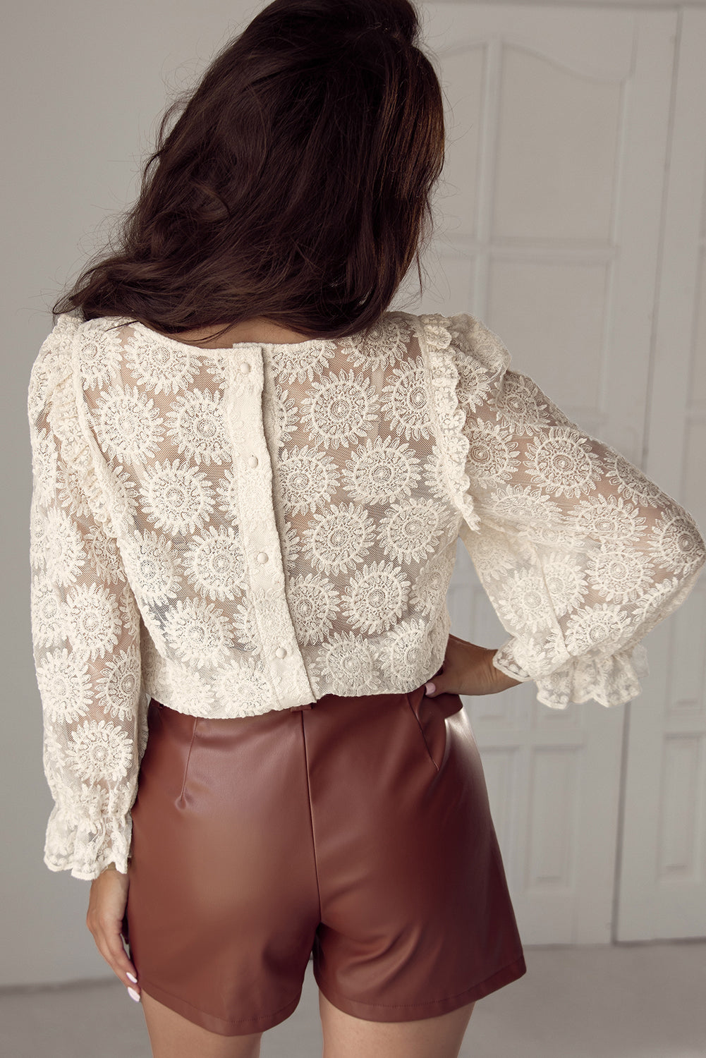 Oatmeal Flower Jacquard Button Back Ruffled 3/4 Sleeve Blouse