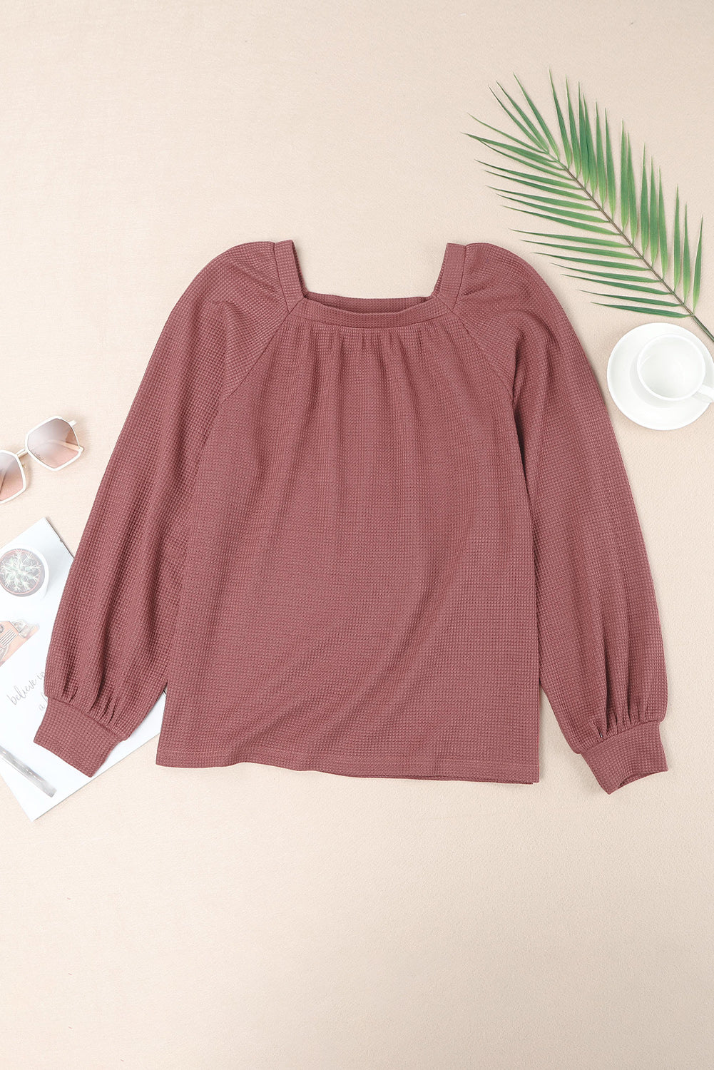 Square Neck Puff Sleeve Waffle Knit Top