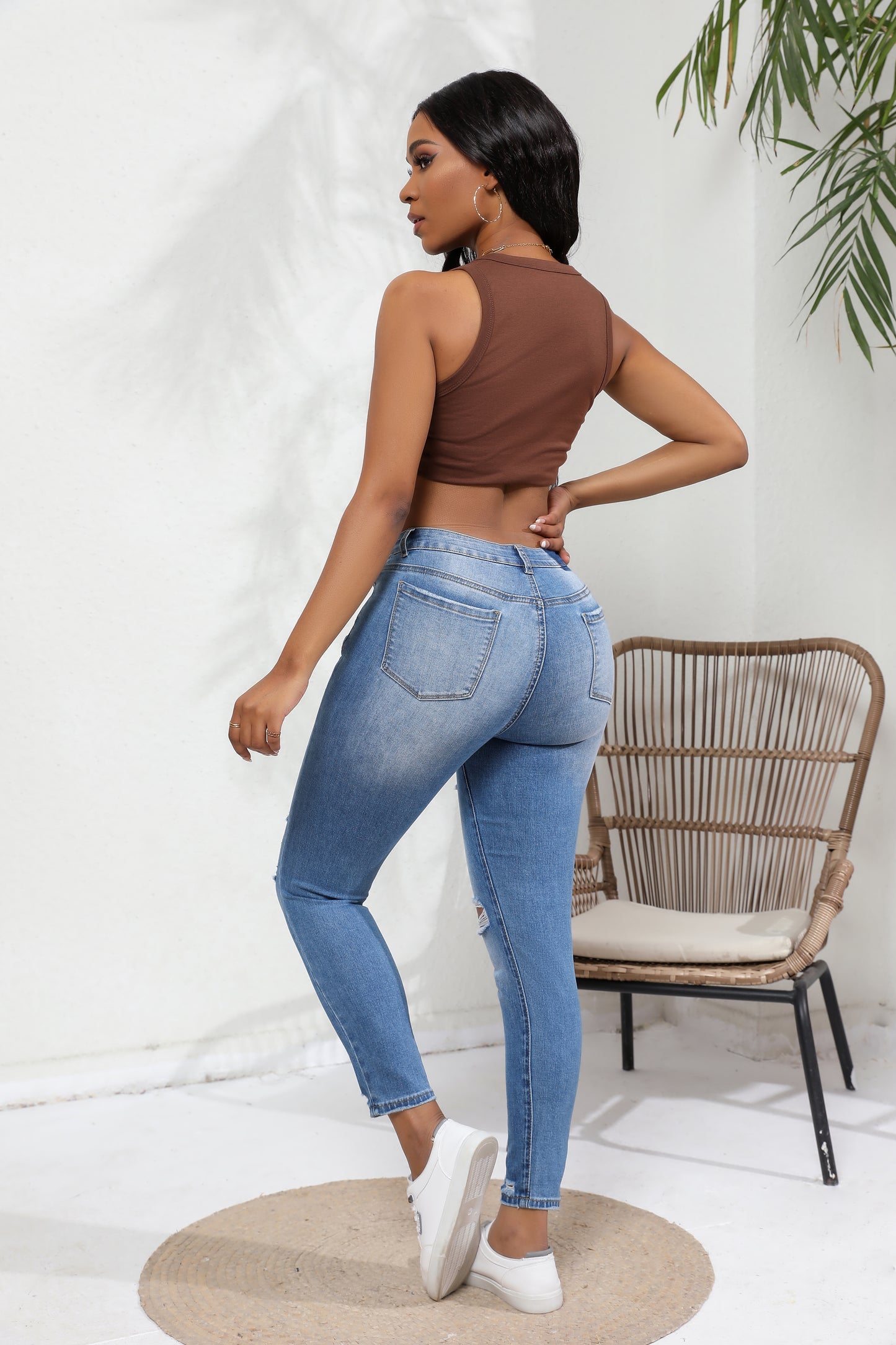 High-waisted Cotton-stretch Retro Wash Skinny Ripped Jeans