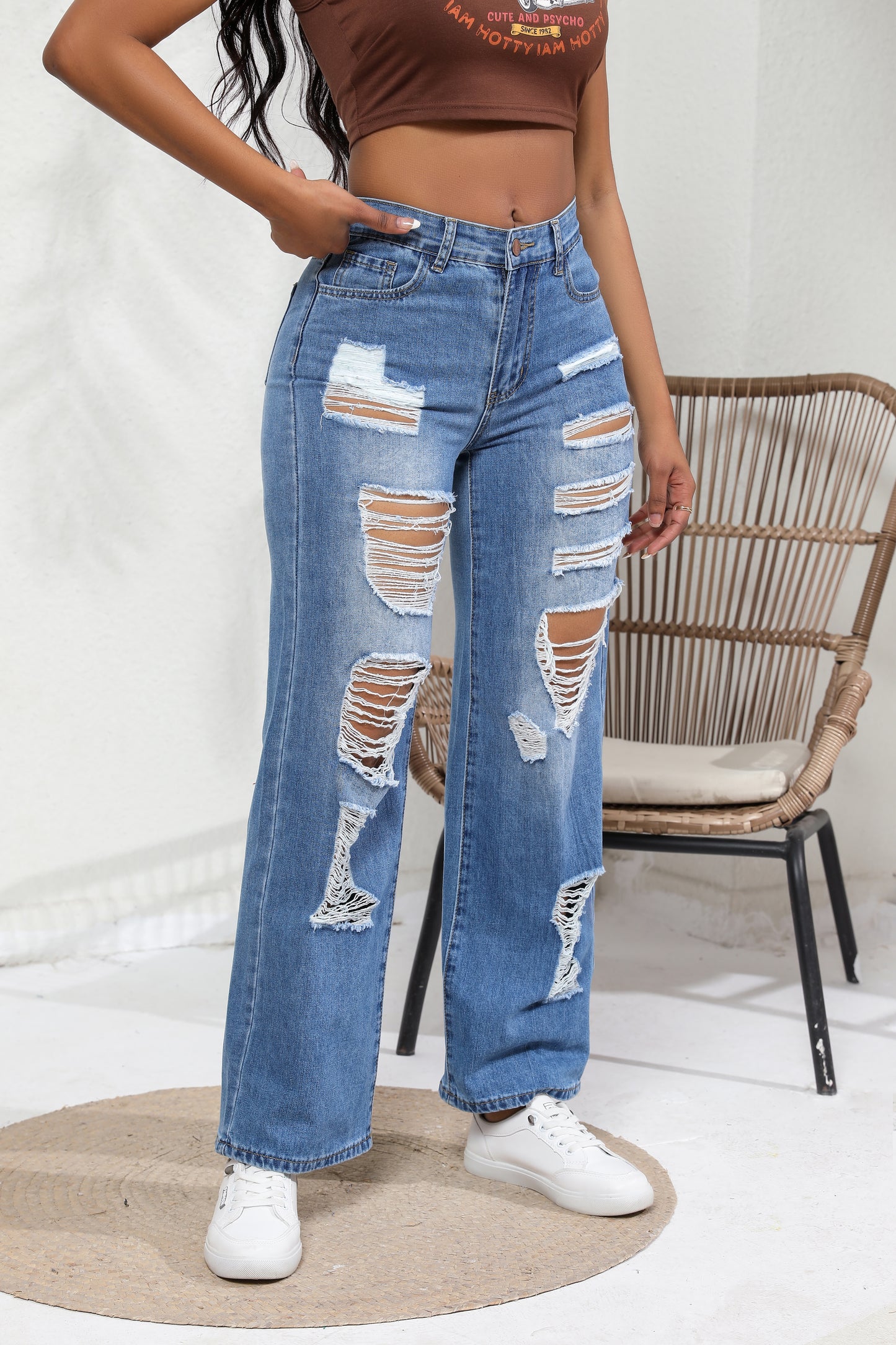 Loose Wide-leg Women's Ripped Jeans