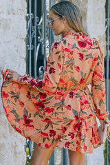 Fiery Red Frilled Collar Long Sleeve Floral Dress with Ruffle