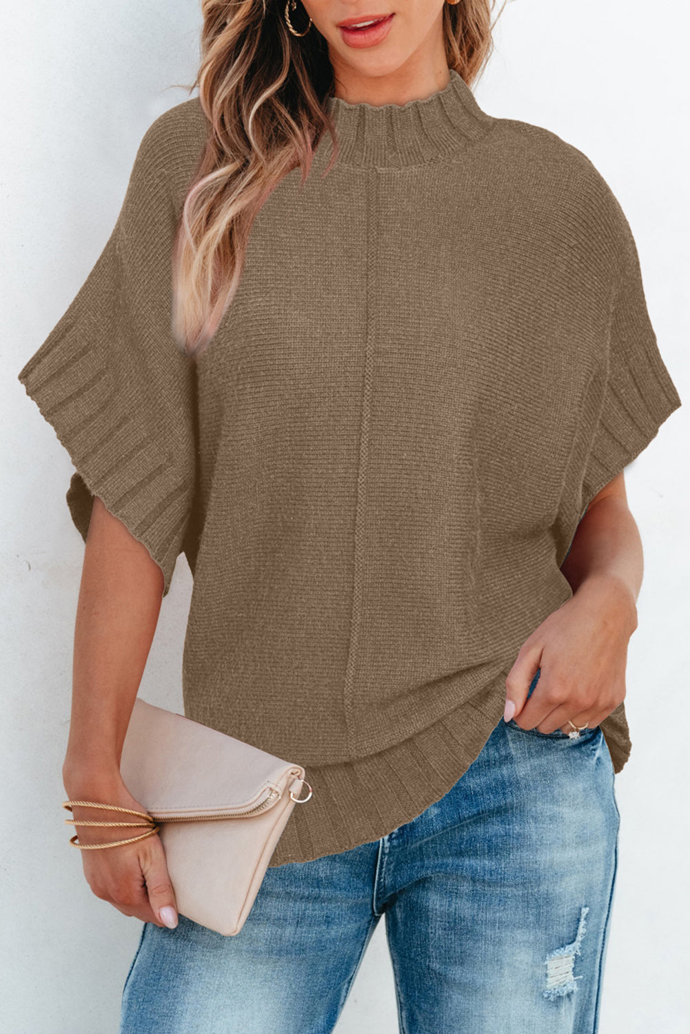 Mock Neck Batwing Short Sleeve Knit Sweater