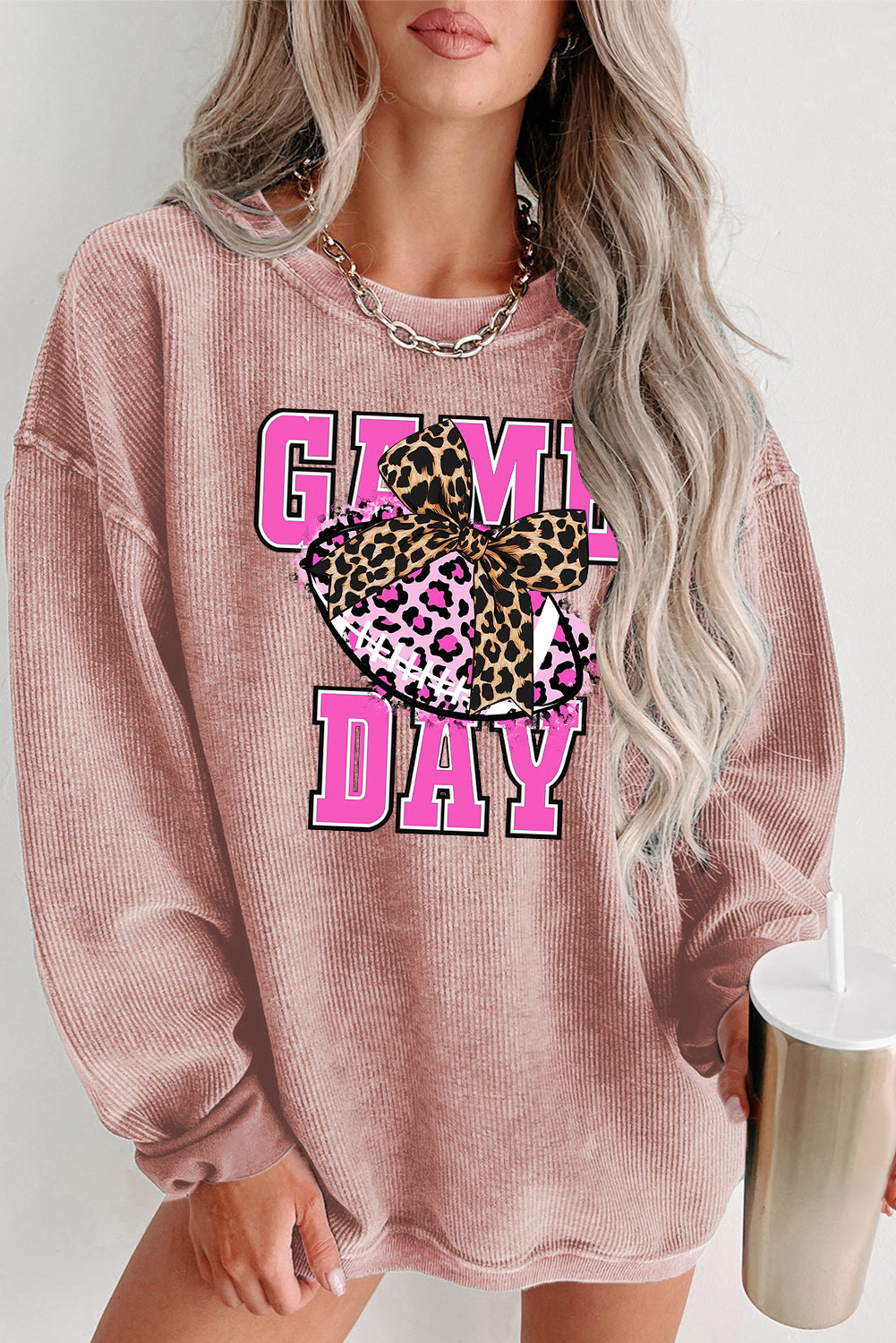 Game Day Bow Rugby Ribbed Knit Crew Neck Pullover Sweatshirt