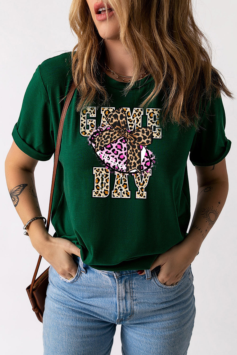 Game Day Leopard Rugby Solid Color Crew Neck T-Shirt