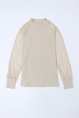 Apricot Striped Mesh Long Sleeve Crewneck Ribbed Top