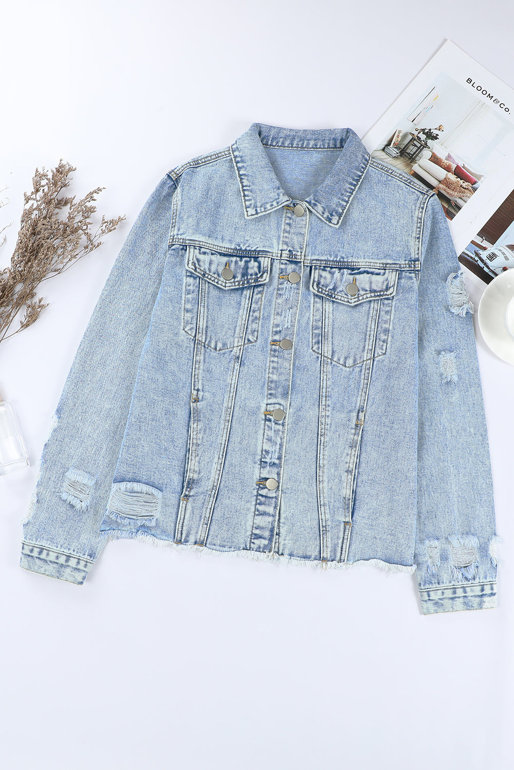 Sky Blue Lapel Distressed Raw Hem Buttons Denim Jacket