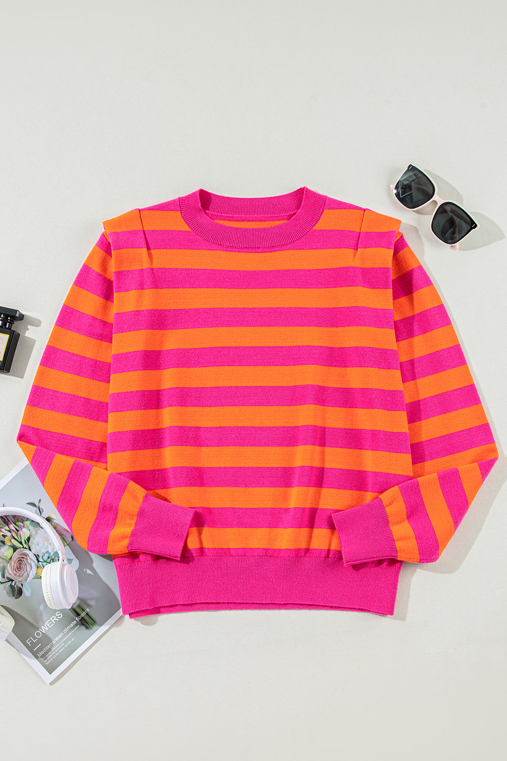 Rose Stripe Shoulder Pad Round Neck Sweater