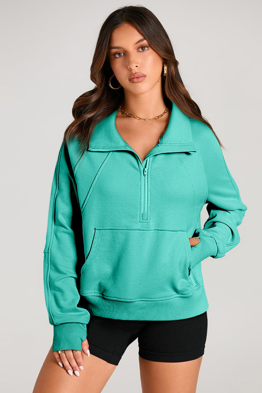 Solid Color Quarter Zip Stand Neck Kangaroo Pocket Sweatshirt