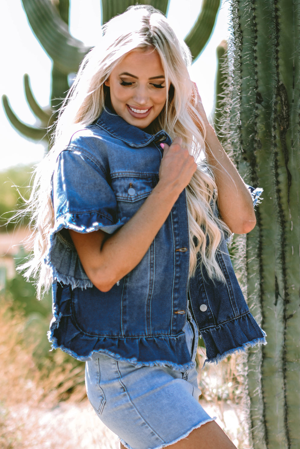 Peacock Blue Raw Edge Ruffled Short Sleeve Denim Jacket