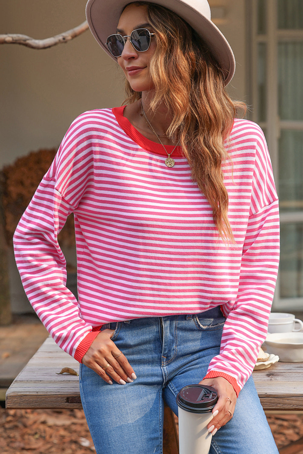 Contrast Trimmed Striped Drop Shoulder Sweater