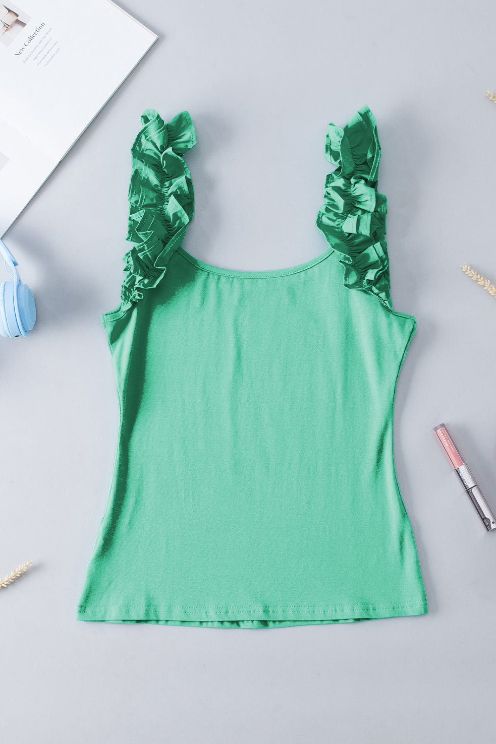 Solid Color Ruffled Wide Straps Slim Tank Top