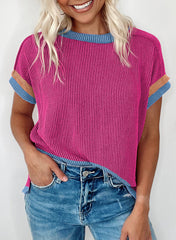 Knitted Crewneck Short-sleeved T-shirt with Contrasting Panels