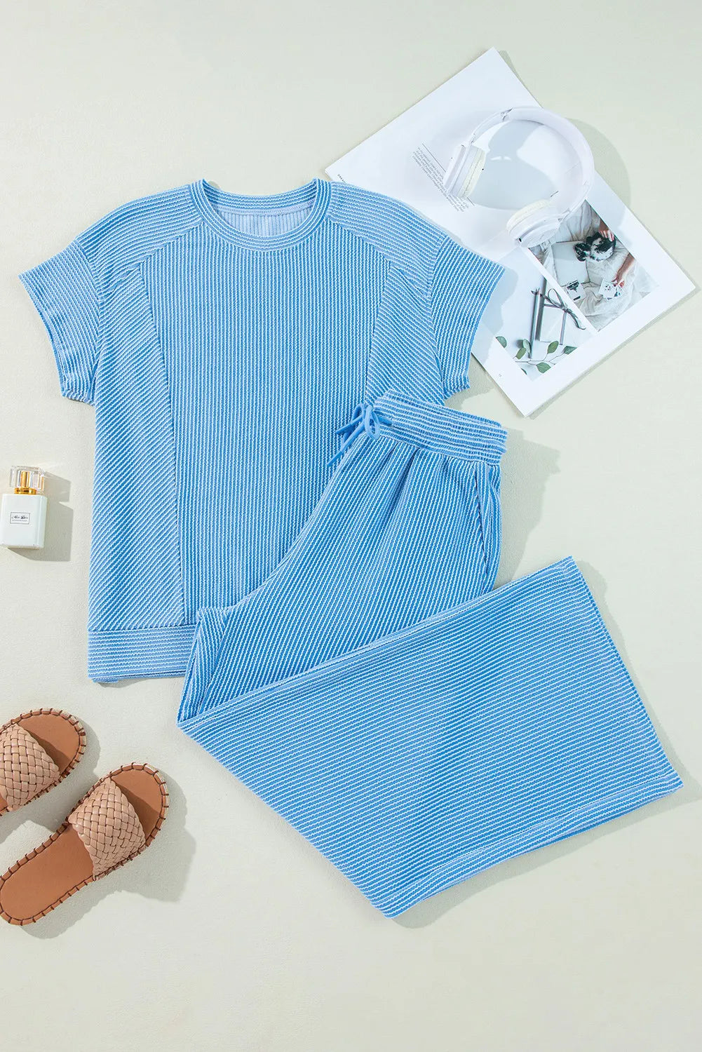 Solid Corded Knit Short Sleeve T Shirt and Wide Leg Pants Set