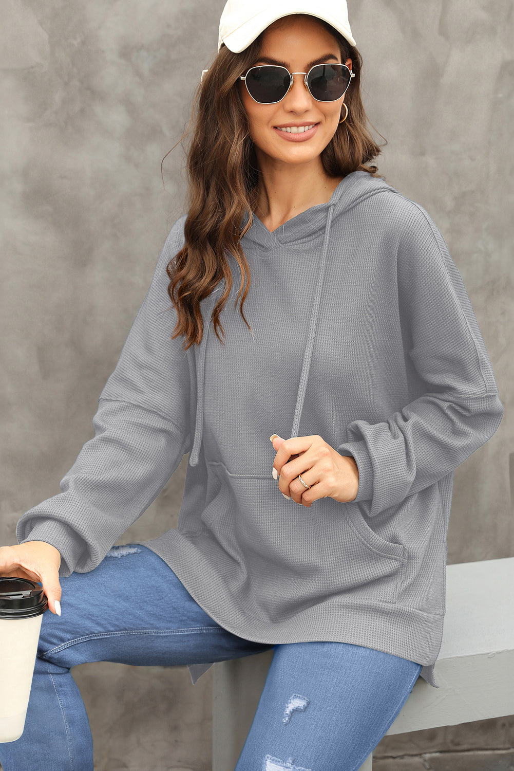 Waffle Knit Fleece Lined High Low Oversized Hoodie