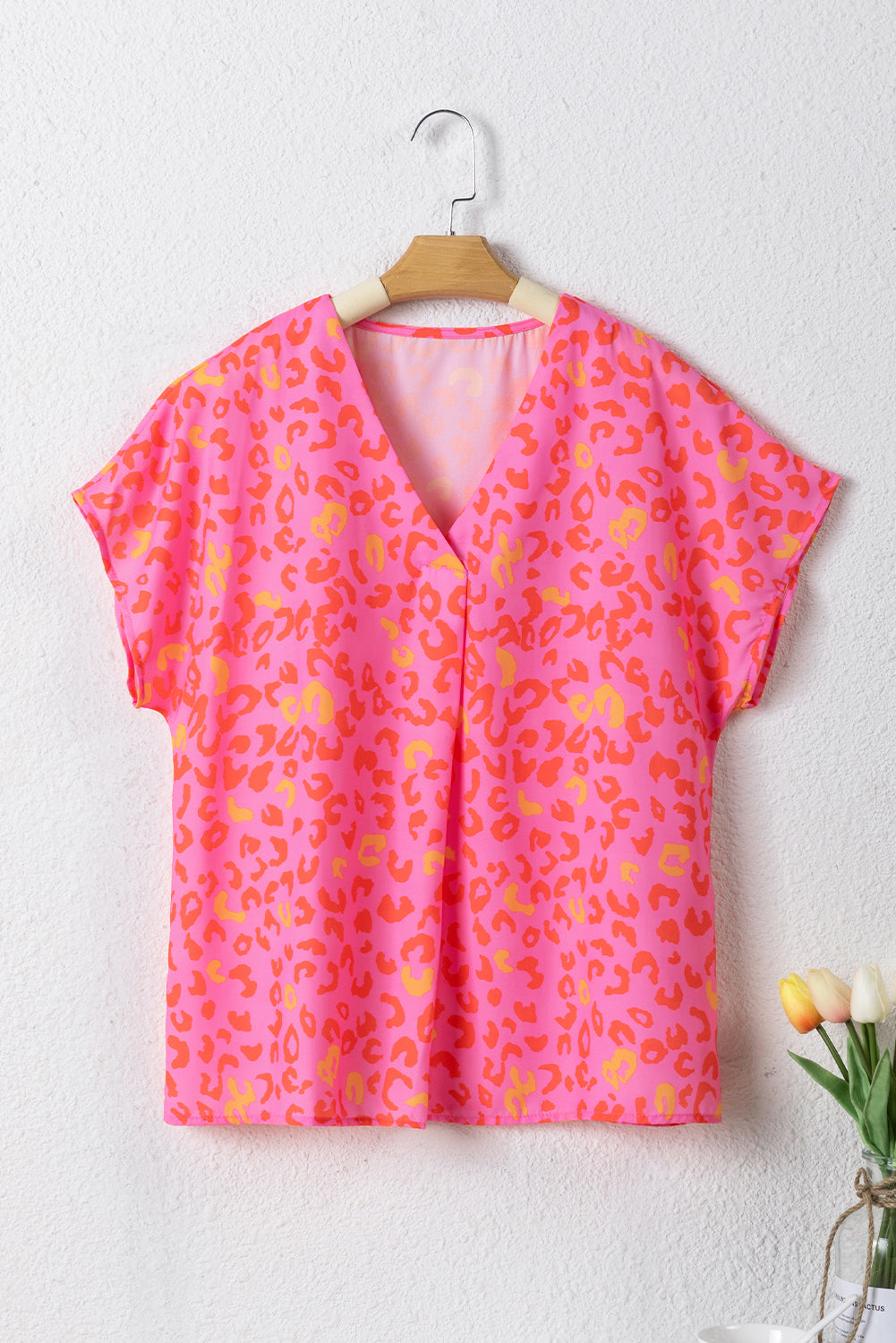 Pink Leopard V Neck Short Sleeve Blouse