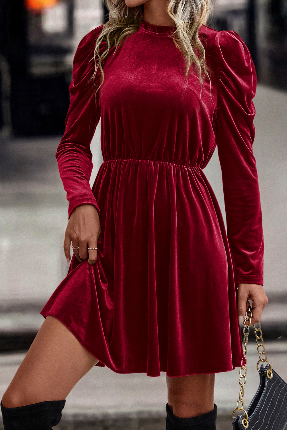 Dahlia Velvet Frilled Neck Gigot Sleeve Swing Dress