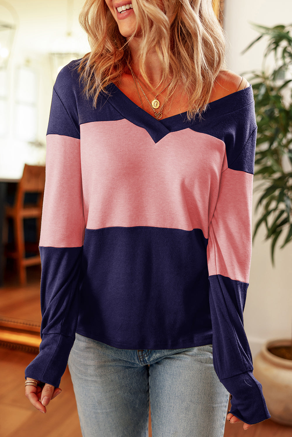 Stripe Colorblock Button Decor Long Sleeve V Neck Top