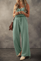 Women's Knotted Straps Button Textured Drawstring Jumpsuit