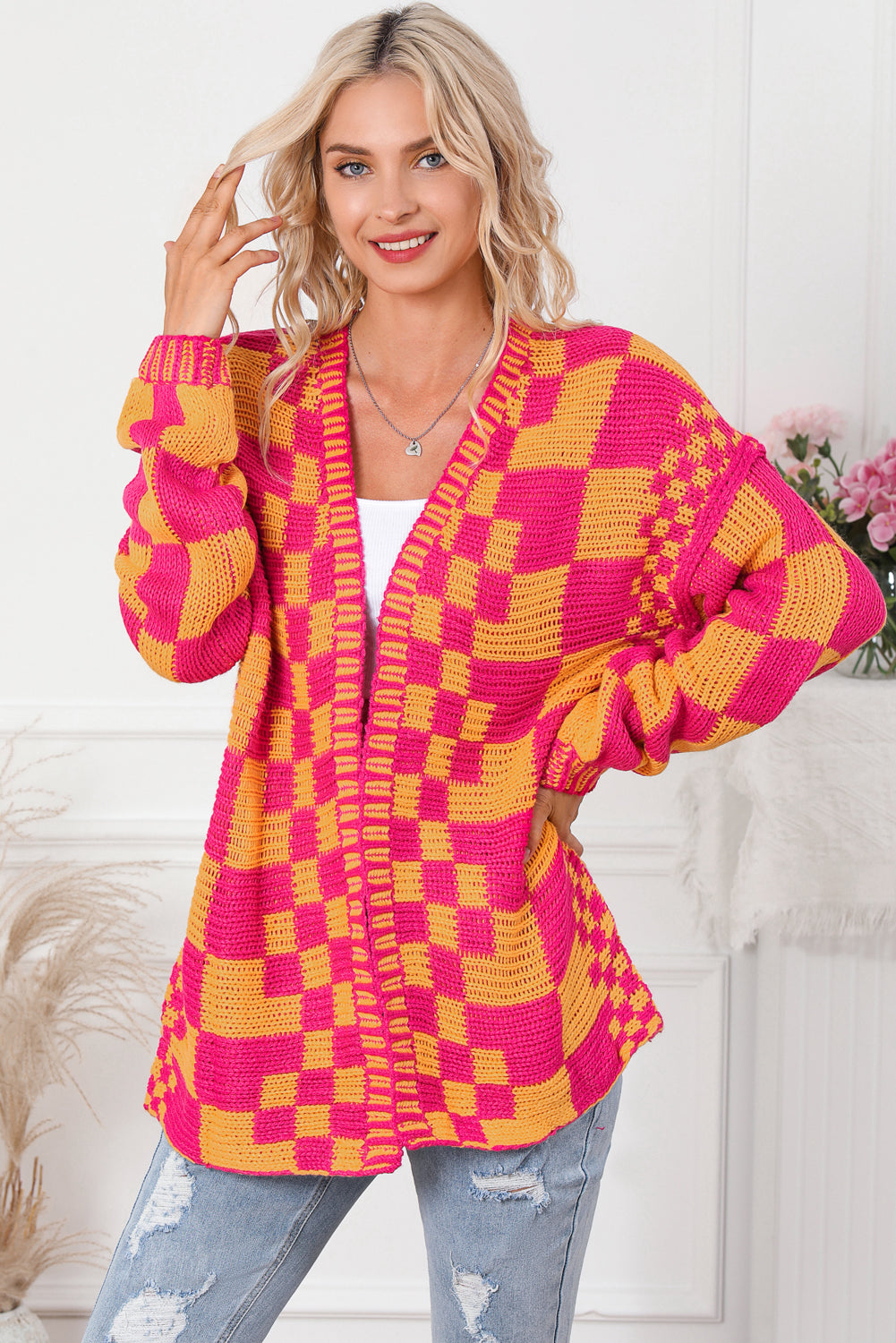 Multicolor Open Front Mixed Checkered Pattern Knit Cardigan