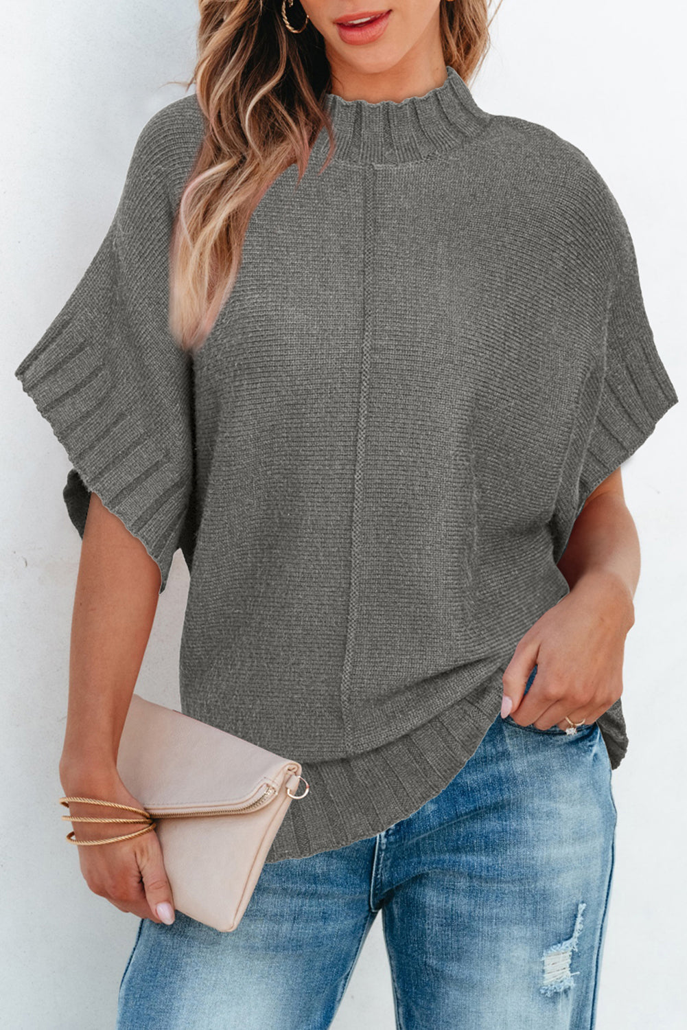 Mock Neck Batwing Short Sleeve Knit Sweater