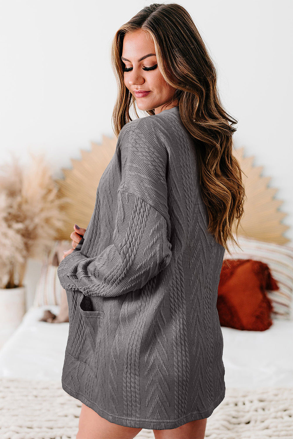 Canton Solid Textured Open Front Cardigan with Pocket