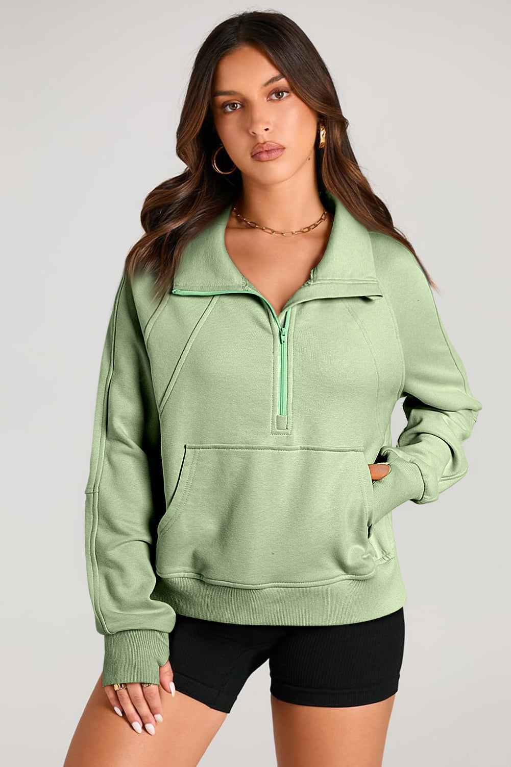 Solid Color Quarter Zip Stand Neck Kangaroo Pocket Sweatshirt