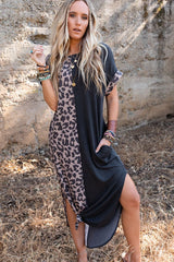 Black Leopard Short Sleeve T-shirt Dress with Slits